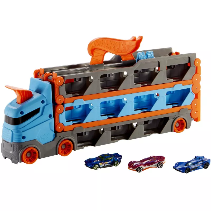 Hot Wheels City Speedway Hauler Carrier su 3 žaisliniais automobiliukais, Transporto priemonių rinkinys, 4 metai, Plastikas, Pilka, Įvairiaspalvis