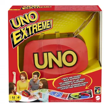 UNO Extreme atnaujinta klasikinės šeimos kortų žaidimo versija su šviesomis, garsais ir atsitiktinių veiksmų paleidikliu. Puiki dovana nuo 7 metų amžiaus.