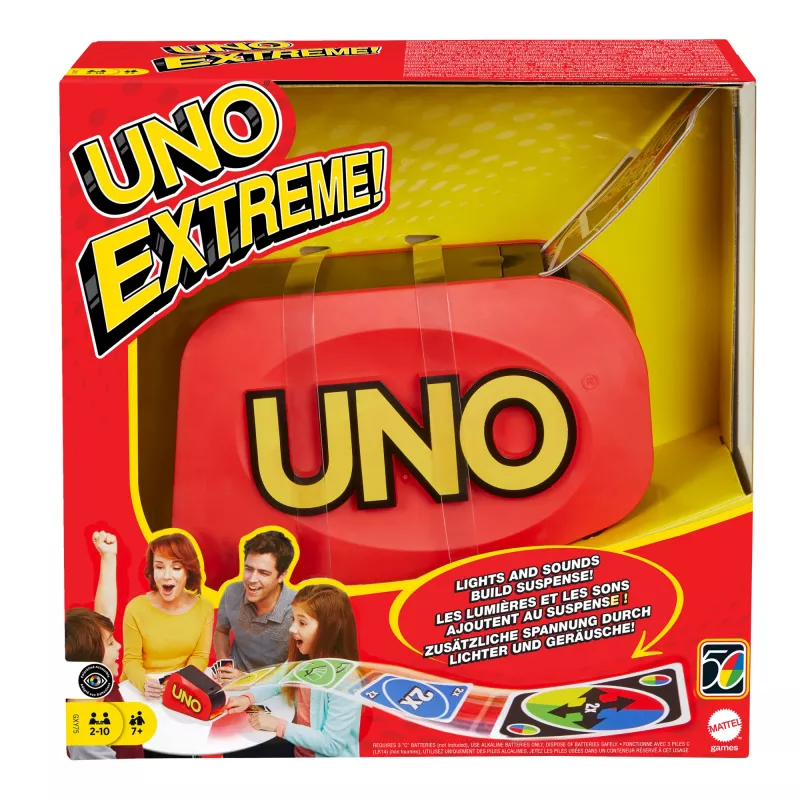 UNO Extreme atnaujinta klasikinės šeimos kortų žaidimo versija su šviesomis, garsais ir atsitiktinių veiksmų paleidikliu. Puiki dovana nuo 7 metų amžiaus.