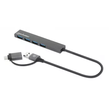 Manhattan USB-C ir USB-A kombinuota dokas / šakotuvas, jungtys (4): USB-A (x4), 5 Gbps (USB 3.2 Gen1 t.p. USB 3.0), maitinamas USB (išorinis maitinimas nereikalingas), kabelis 25cm