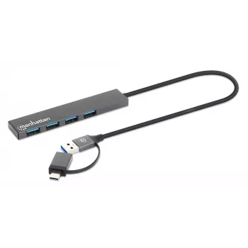 Manhattan USB-C ir USB-A kombinuota dokas / šakotuvas, jungtys (4): USB-A (x4), 5 Gbps (USB 3.2 Gen1 t.p. USB 3.0), maitinamas USB (išorinis maitinimas nereikalingas), kabelis 25cm