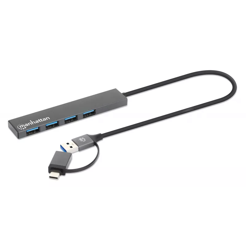 Manhattan USB-C ir USB-A kombinuota dokas / šakotuvas, jungtys (4): USB-A (x4), 5 Gbps (USB 3.2 Gen1 t.p. USB 3.0), maitinamas USB (išorinis maitinimas nereikalingas), kabelis 25cm