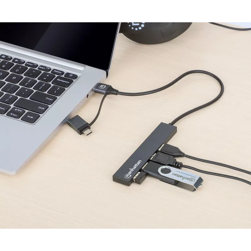 Manhattan USB-C ir USB-A kombinuota dokas / šakotuvas, jungtys (4): USB-A (x4), 5 Gbps (USB 3.2 Gen1 t.p. USB 3.0), maitinamas USB (išorinis maitinimas nereikalingas), kabelis 25cm