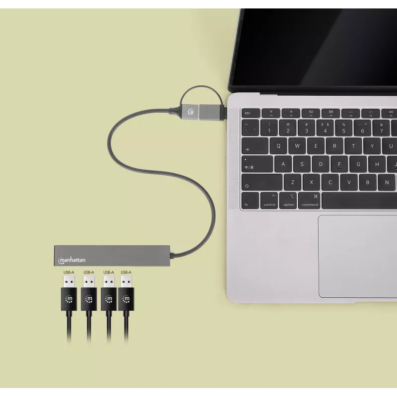 Manhattan USB-C ir USB-A kombinuota dokas / šakotuvas, jungtys (4): USB-A (x4), 5 Gbps (USB 3.2 Gen1 t.p. USB 3.0), maitinamas USB (išorinis maitinimas nereikalingas), kabelis 25cm