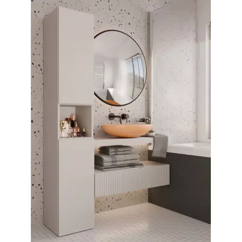Vonios spintelė su stulpeliais Top E Shop NEL, laisvai pastatoma, 2 durys, kašmyro spalvos laminatas, 1740×310×300 mm, 5 lentynos