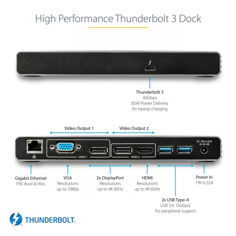 StarTech.com Thunderbolt 3 Dock - Dual 4K 60Hz Monitor TB3 Laptop Docking Station su DisplayPort, HDMI & 1080p VGA - 85W Power Delivery & Charging - 2x USB-A, Ethernet - Mac & Windows