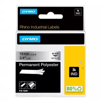 DYMO Rhino Industrial nuolatinės poliesterinės etiketės | 19 mm x 5,5 m | Juodas spaudinys ant metalo | Lipnios | skirtos Rhino ir LabelManager etikečių spausdintuvams