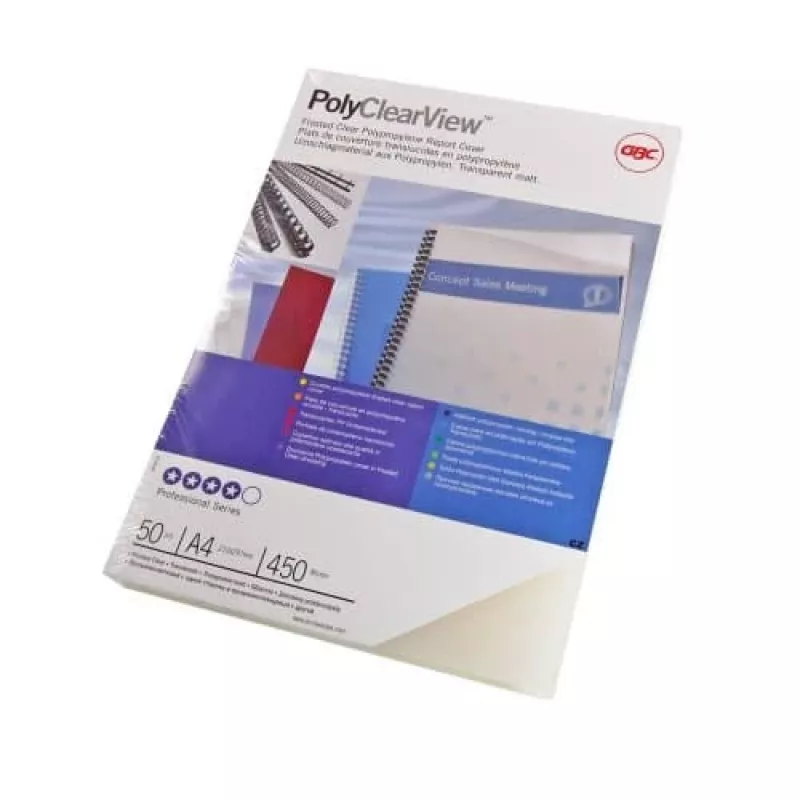 GBC Binding Cover Poly Clear View A4 450 Micron Frosted, A4, Polivinilchloridas (PVC), Skaidrus, Matinis, 0,45 mm, 50 vnt.