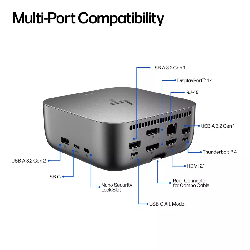 “HP Thunderbolt 4 Ultra 280W G6” dokas, laidinis, “Thunderbolt 4”, 280 W, 10,100,1000,2500 Mbit/s, pilkas, 8K Ultra HD