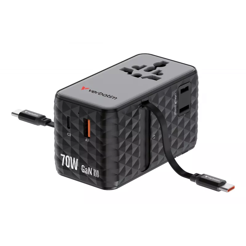 Verbatim Charge 'n' Travel 70W 2C ištraukiamas universalus kelioninis adapteris, juodas