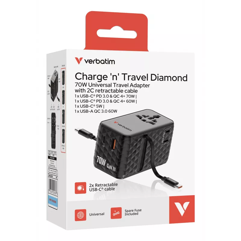Verbatim Charge 'n' Travel 70W 2C ištraukiamas universalus kelioninis adapteris, juodas