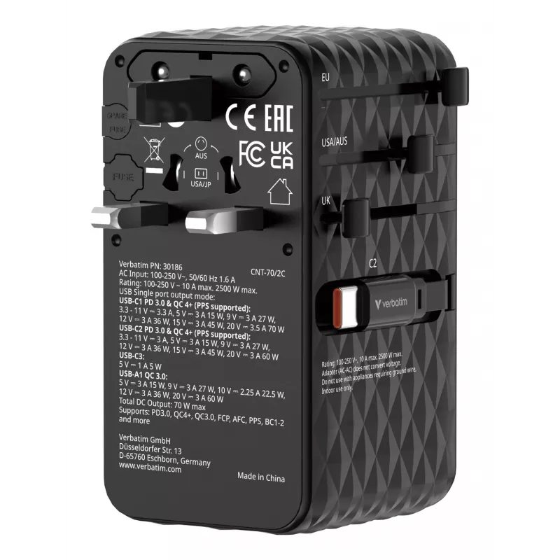 Verbatim Charge 'n' Travel 70W 2C ištraukiamas universalus kelioninis adapteris, juodas