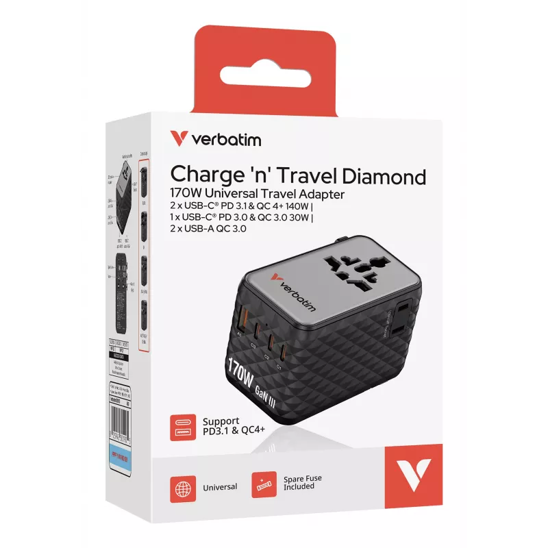 Verbatim Charge 'n' Travel 170W Universal Travel Adapter Juoda