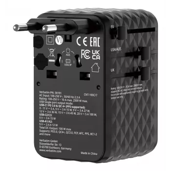 Verbatim Charge 'n' Travel 100W Universal Travel Adapter su ištraukiamu kabeliu, juodas