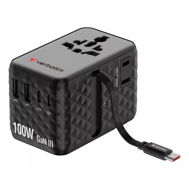Verbatim Charge 'n' Travel 100W Universal Travel Adapter su ištraukiamu kabeliu, juodas