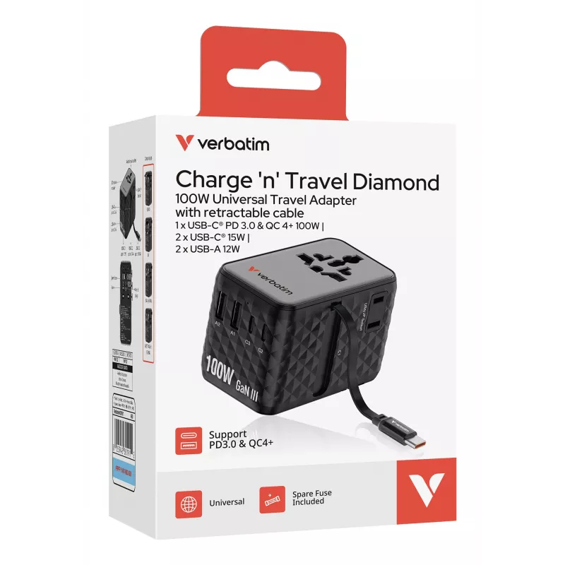 Verbatim Charge 'n' Travel 100W Universal Travel Adapter su ištraukiamu kabeliu, juodas