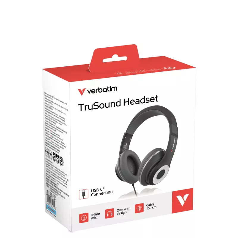 Verbatim TruSound USB-C ausinės, laidinės, muzikai / kasdienai, 20 - 20000 Hz, 200,9 g, ant galvos dedamos, juodos