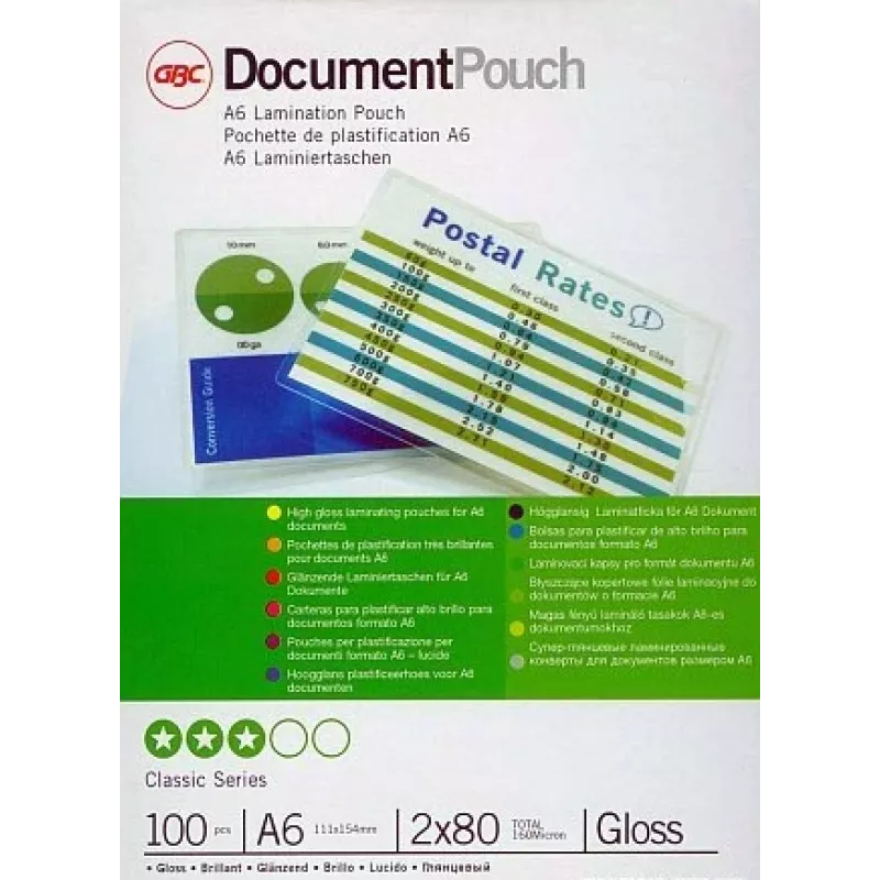 GBC laminavimo įmautė A6 80 mikronų, blizgi, skaidri, A6, 111 mm, 154 mm, 100 vnt.