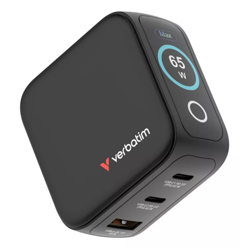 Verbatim Mini GaN įkroviklis 65 W su ekranu, skirtas naudoti patalpose, AC, 20 V, juodas