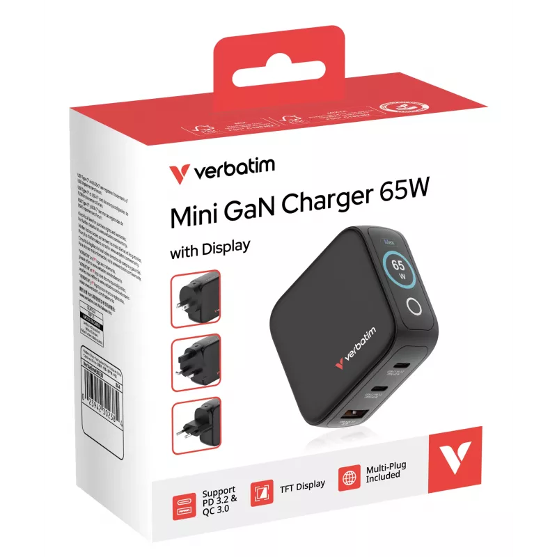 Verbatim Mini GaN įkroviklis 65 W su ekranu, skirtas naudoti patalpose, AC, 20 V, juodas