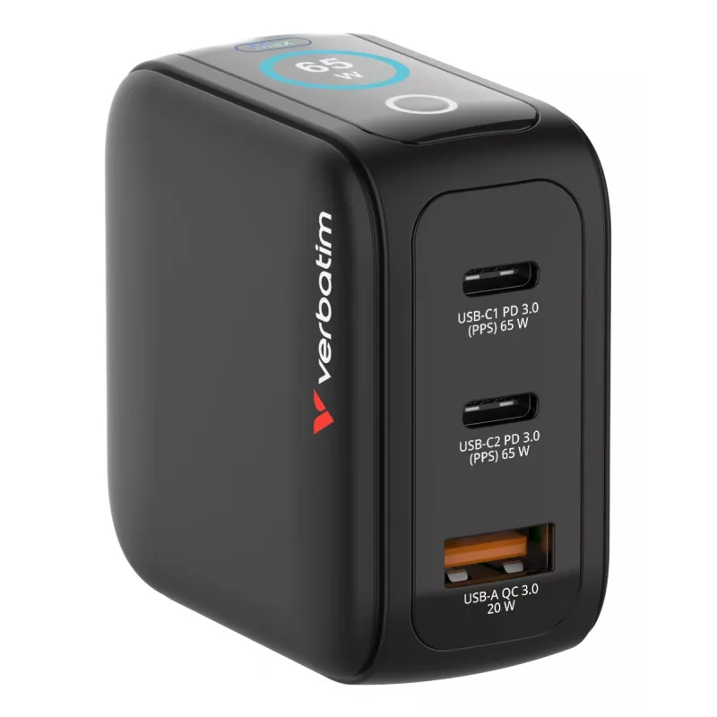 Verbatim Mini GaN įkroviklis 65 W su ekranu, skirtas naudoti patalpose, AC, 20 V, juodas
