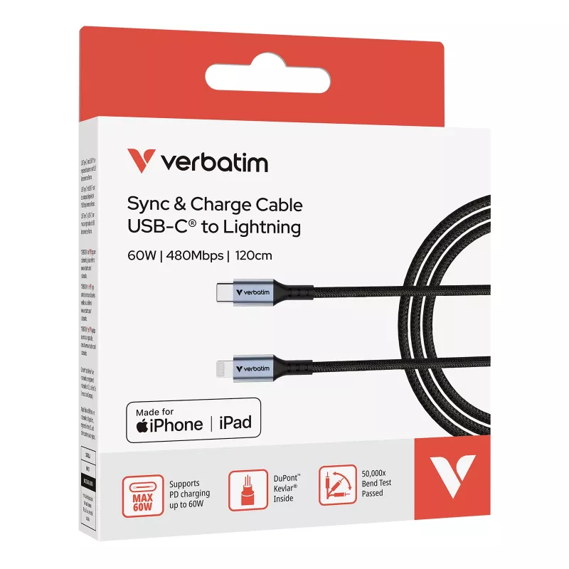Verbatim Sync & Charge laidas USB-C į Lightning 120 cm, 1.2 m, Lightning, USB C, vyriška, vyriška, juoda