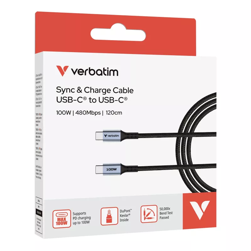 Verbatim „Sync & Charge“ laidas – 100 W USB-C į USB-C 120 cm, 1,2 m, USB C, USB C, USB 2.0, 0,48 Gbit/s, juodas