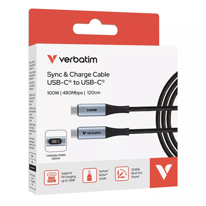 Verbatim Sync & Charge USB C į USB C 100 W ekranas 120 cm, 1,2 m, USB C, USB C, USB 2.0, 0,48 Gbit/s, juoda