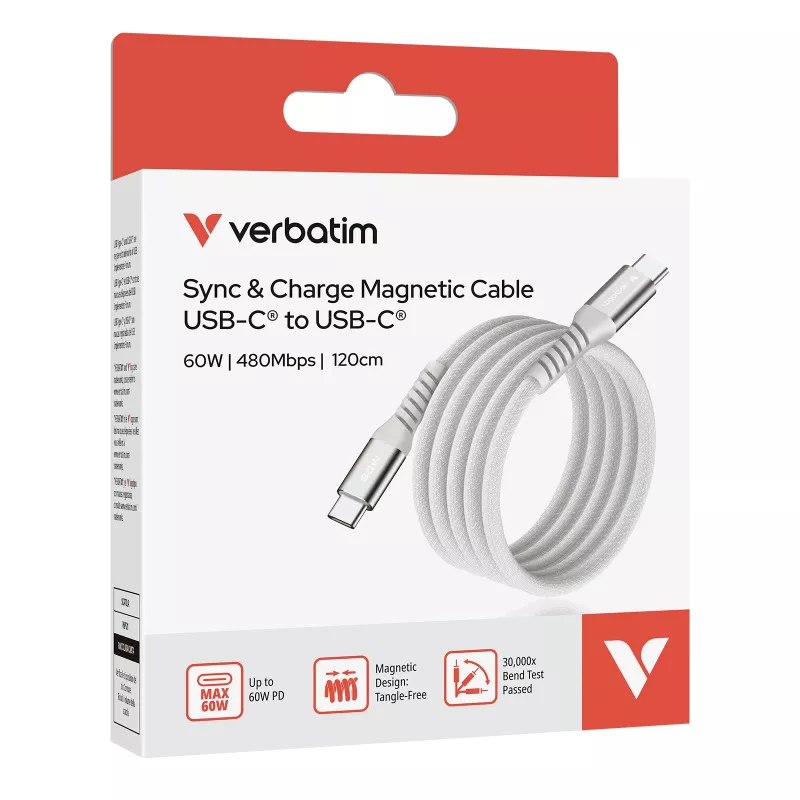 Verbatim Sync & Charge magnetinis laidas - 60W USB-C į USB-C 120 cm pilkas
