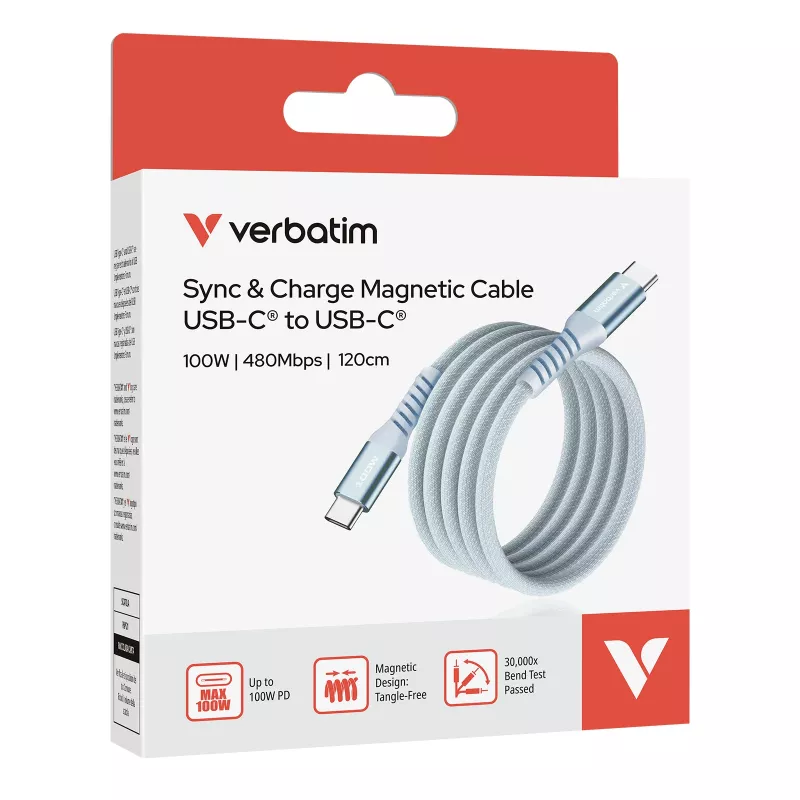 Verbatim Sync & Charge Magnetinis Laidas - 100W USB-C į USB-C 120 cm Mėlynas