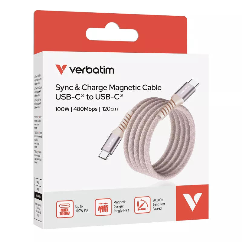 Verbatim Sync & Charge magnetinis laidas - 100 W USB-C į USB-C 120 cm rožinis