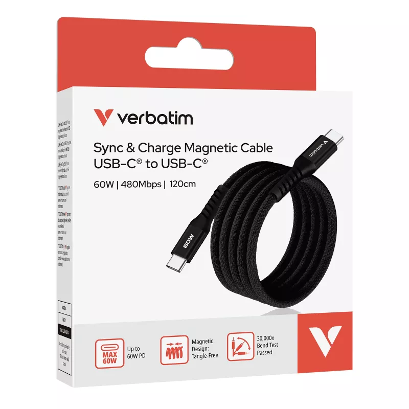 Verbatim Sync & Charge Magnetinis Laidas - 60W USB-C į USB-C 120 cm Juodas
