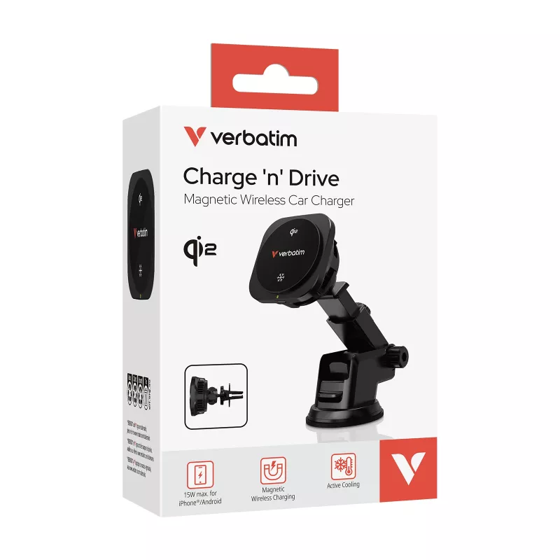 Verbatim Charge 'n' Drive Qi2 magnetinis belaidis automobilinis kroviklis, automobilinis, USB, belaidis įkrovimas, 1 m, juodas