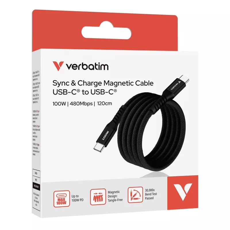 Verbatim Sync & Charge magnetinis laidas - 100W USB-C į USB-C 120 cm juodas