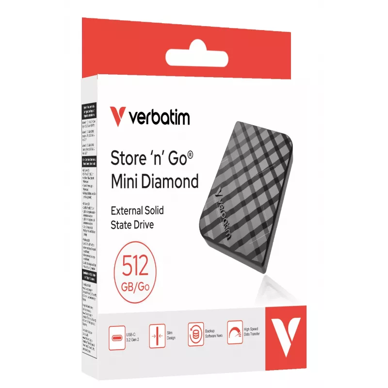 Verbatim Store 'n' Go Mini Diamond USB-C 512GB Juoda, 512 GB, M.2, USB Type-C, 3.2 Gen 2 (3.1 Gen 2), 1000 MB/s, Juoda