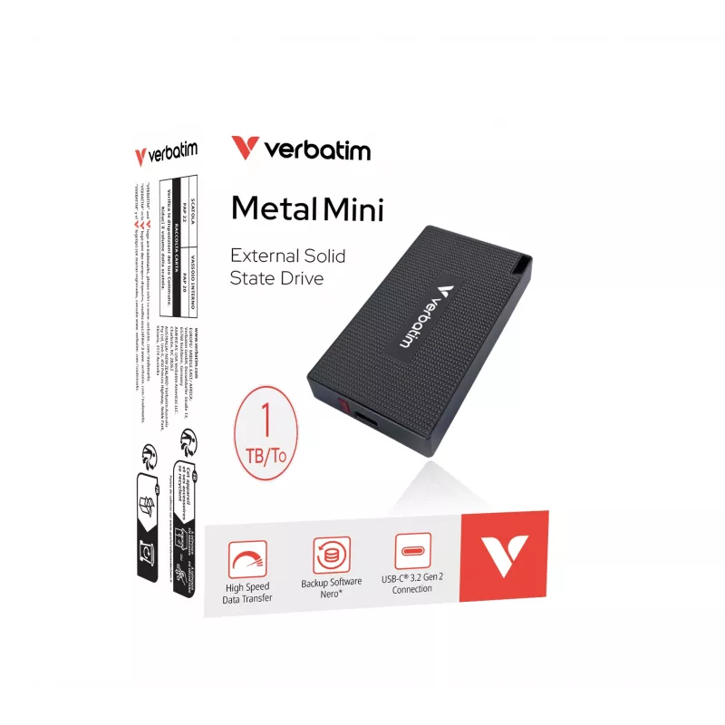 Verbatim Metal Mini SSD USB-C 3.2 Gen 2 1 TB, 1 TB, USB Type-C, USB 3.2 Gen 2x2, 2000 MB/s, 10 Gbit/s, Pilka