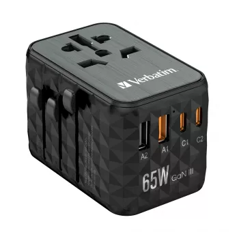 Verbatim UTA-05 65W GaN III Universalaus kelionių adapteris su 2 x USB-C PD & QC 4+ ir 2 x USB-A prievadais