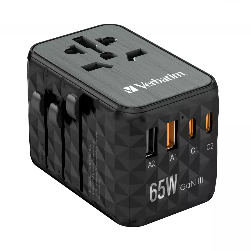 Verbatim UTA-05 65W GaN III Universalaus kelionių adapteris su 2 x USB-C PD & QC 4+ ir 2 x USB-A prievadais