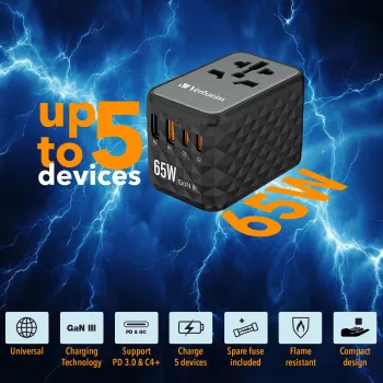 Verbatim UTA-05 65W GaN III Universalaus kelionių adapteris su 2 x USB-C PD & QC 4+ ir 2 x USB-A prievadais