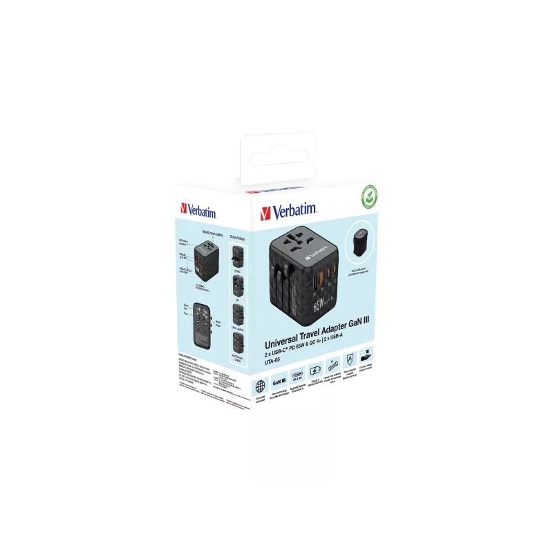 Verbatim UTA-05 65W GaN III Universalaus kelionių adapteris su 2 x USB-C PD & QC 4+ ir 2 x USB-A prievadais