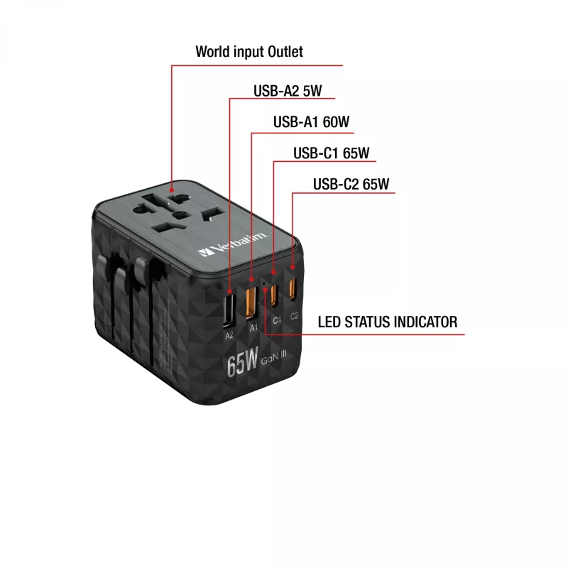 Verbatim UTA-05 65W GaN III Universalaus kelionių adapteris su 2 x USB-C PD & QC 4+ ir 2 x USB-A prievadais