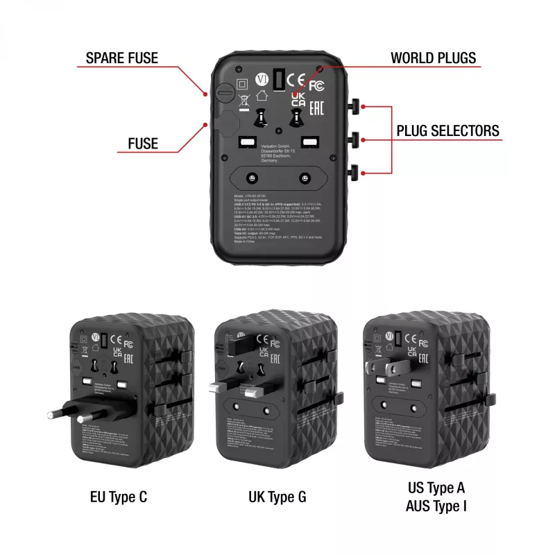 Verbatim UTA-05 65W GaN III Universalaus kelionių adapteris su 2 x USB-C PD & QC 4+ ir 2 x USB-A prievadais
