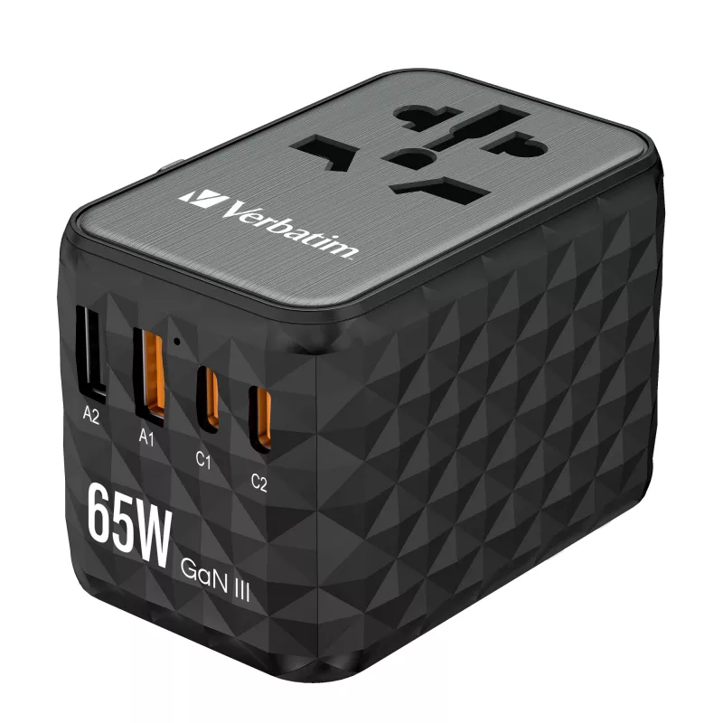 Verbatim UTA-05 65W GaN III Universalaus kelionių adapteris su 2 x USB-C PD & QC 4+ ir 2 x USB-A prievadais
