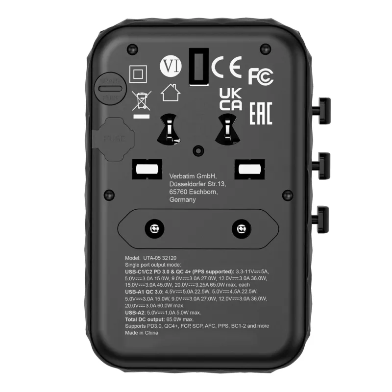Verbatim UTA-05 65W GaN III Universalaus kelionių adapteris su 2 x USB-C PD & QC 4+ ir 2 x USB-A prievadais