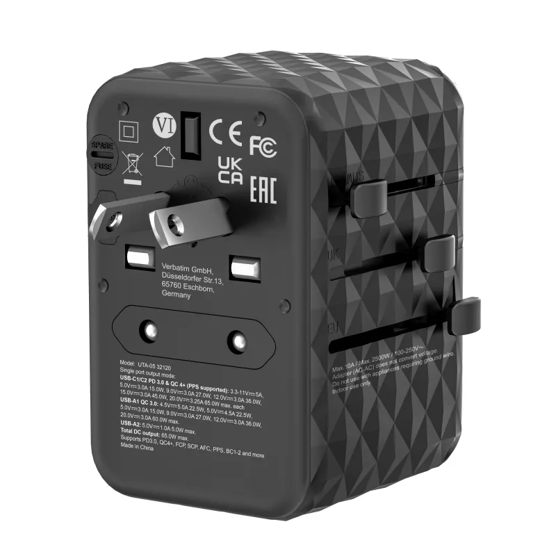 Verbatim UTA-05 65W GaN III Universalaus kelionių adapteris su 2 x USB-C PD & QC 4+ ir 2 x USB-A prievadais