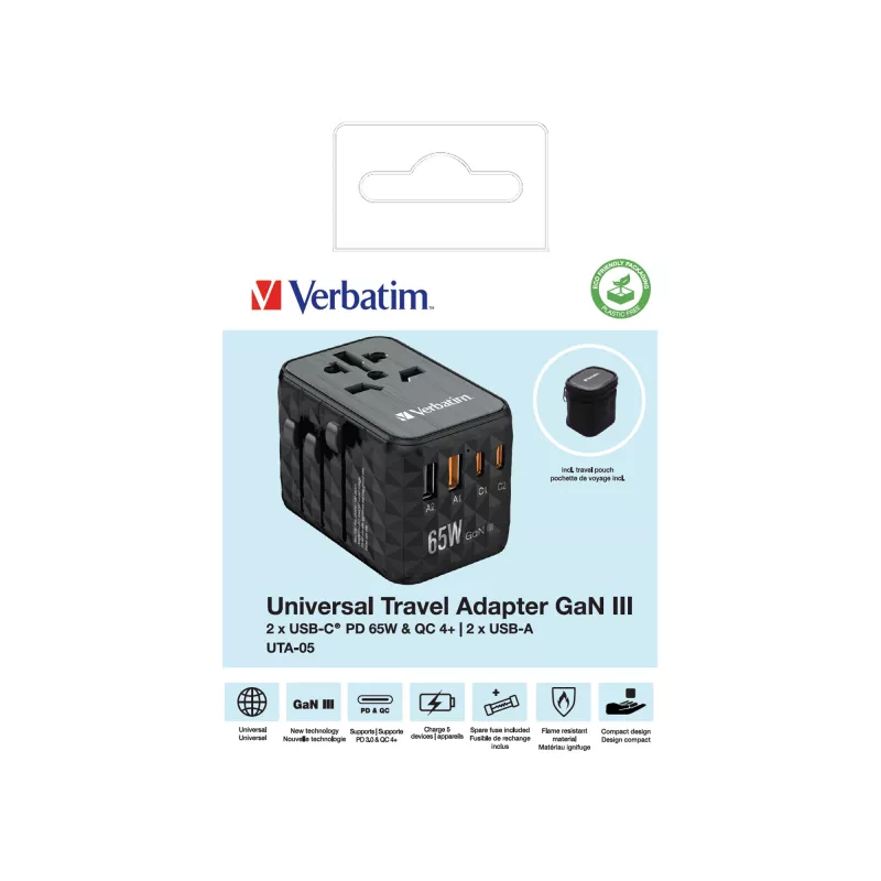 Verbatim UTA-05 65W GaN III Universalaus kelionių adapteris su 2 x USB-C PD & QC 4+ ir 2 x USB-A prievadais