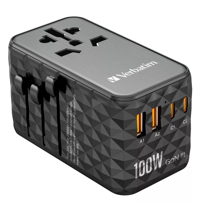 Verbatim UTA-06 100W GaN III universalus kelionių adapteris su 2 x USB-C PD ir QC 4+ bei 2 x USB-A QC 3.0 prievadais