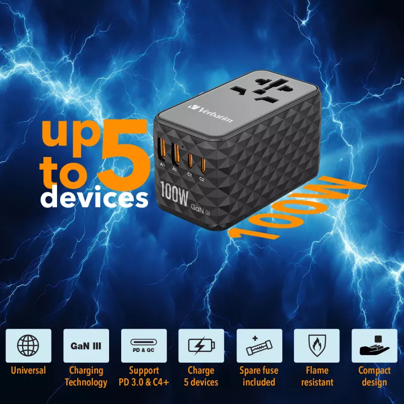 Verbatim UTA-06 100W GaN III universalus kelionių adapteris su 2 x USB-C PD ir QC 4+ bei 2 x USB-A QC 3.0 prievadais