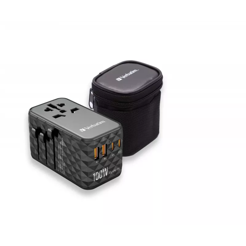Verbatim UTA-06 100W GaN III universalus kelionių adapteris su 2 x USB-C PD ir QC 4+ bei 2 x USB-A QC 3.0 prievadais
