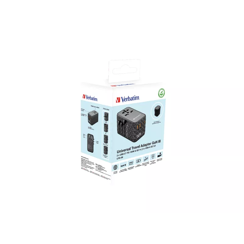 Verbatim UTA-06 100W GaN III universalus kelionių adapteris su 2 x USB-C PD ir QC 4+ bei 2 x USB-A QC 3.0 prievadais